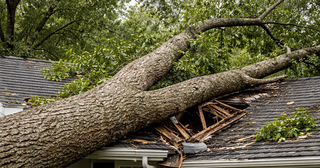 A tree fell on a residential roof after a storm in Northwest Florida