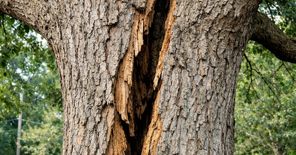 Cracked tree trunk showing a deep split that increases the risk of tree failure