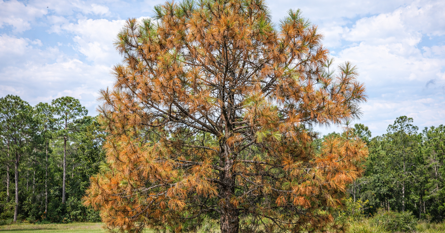 Pine tree with brown needles showing signs of stress in Northwest Florida