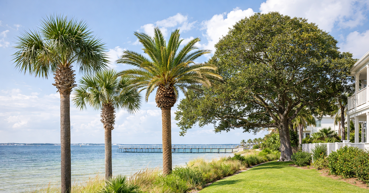 Salt-tolerant trees growing along a waterfront property in Pensacola Beach Florida