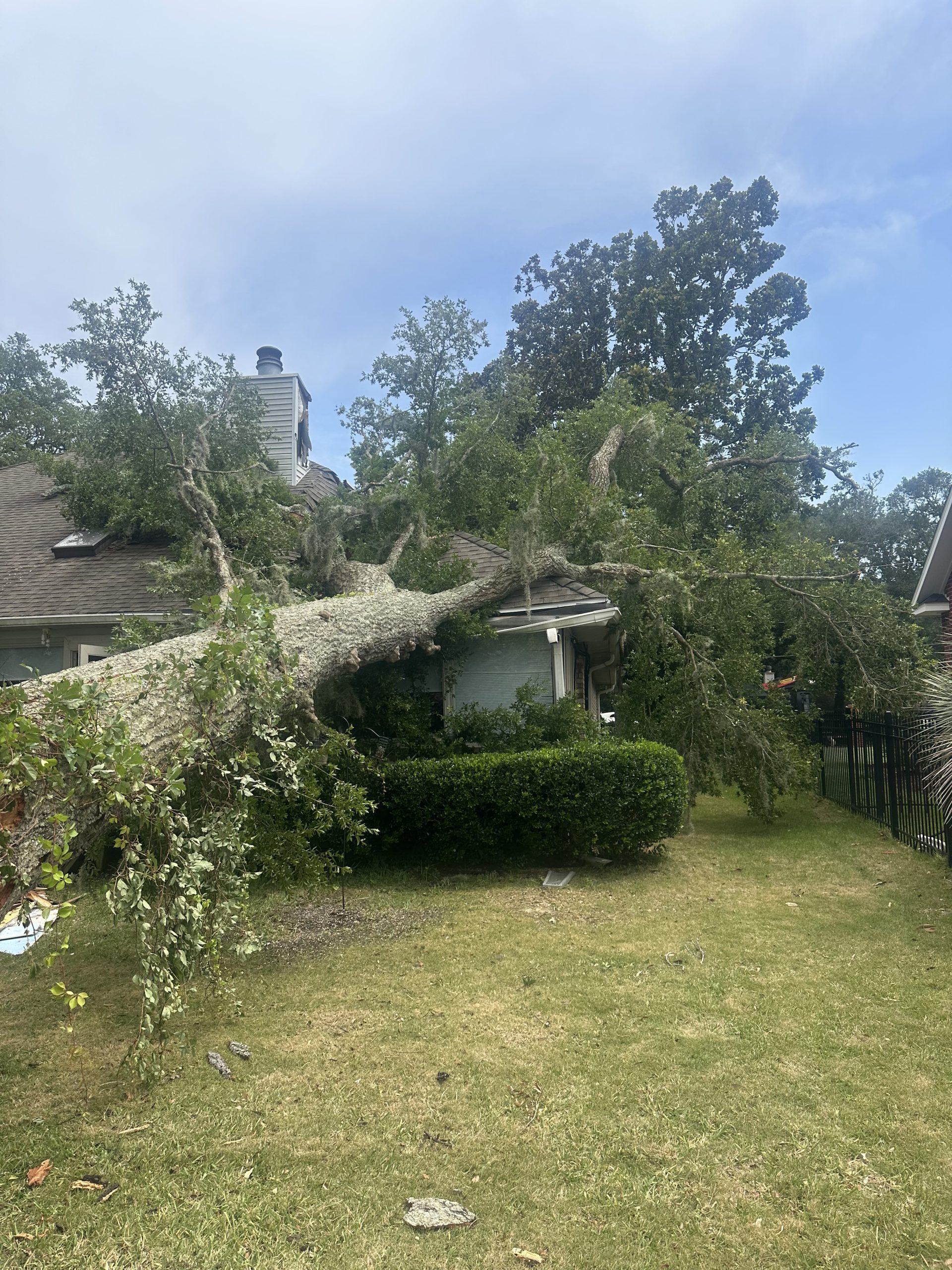 Emergency tree removal crew using a specialized crane to lift a tree off a house in Pace, FL.