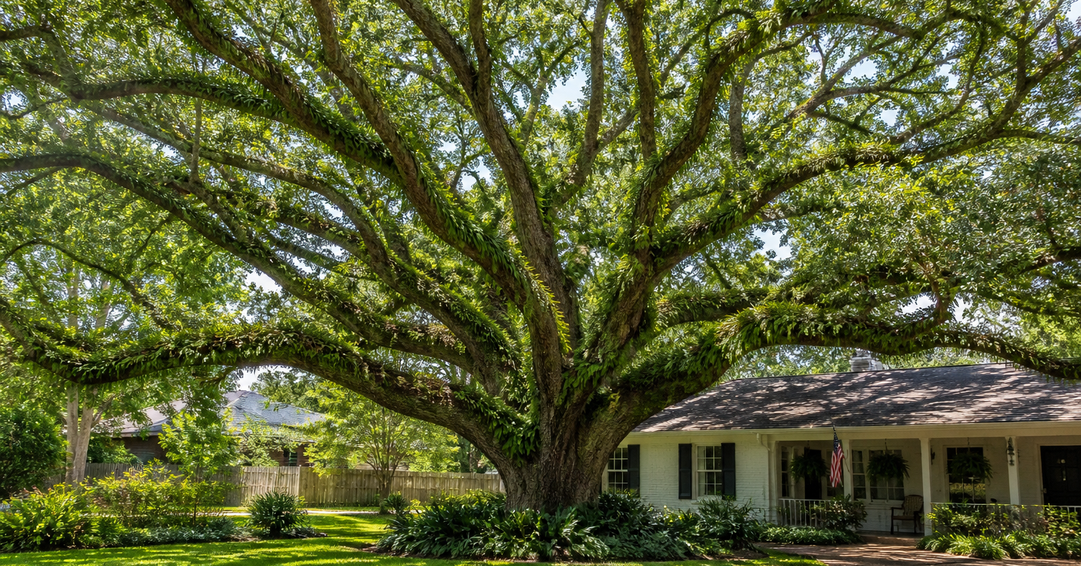 Majestic Live Oak with a wide-spreading canopy in a Pensacola residential yard.