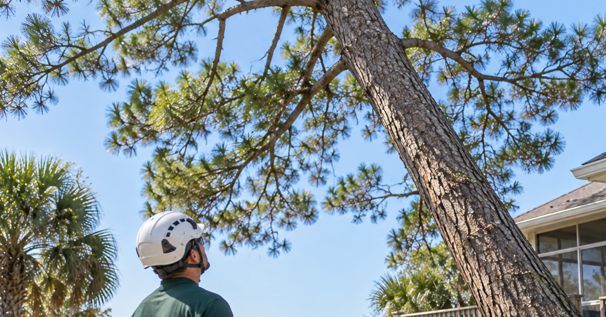 Arborist evaluating a leaning tree for removal in Navarre, Florida